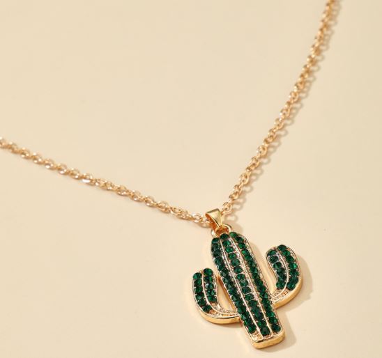 N1290 Gold Green Rhinestone Cactus Necklace With FREE Earrings - Iris Fashion Jewelry