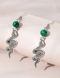 E1080 Silver Snake with Green Bead Earrings - Iris Fashion Jewelry