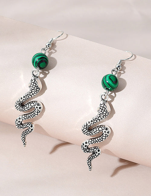 E1080 Silver Snake with Green Bead Earrings - Iris Fashion Jewelry