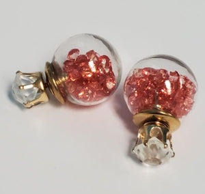 *E375 Gold Rhinestone Rose Red Gem Filled Ball Earrings - Iris Fashion Jewelry