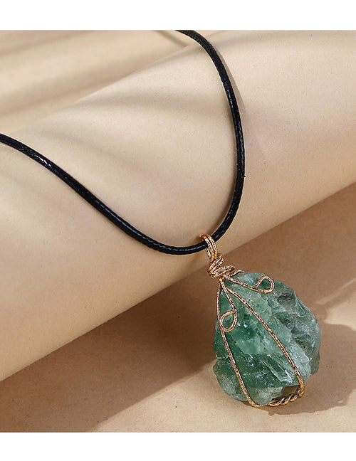 N194 Green Imitation Natural Stone on Leather Cord Necklace FREE Earrings - Iris Fashion Jewelry