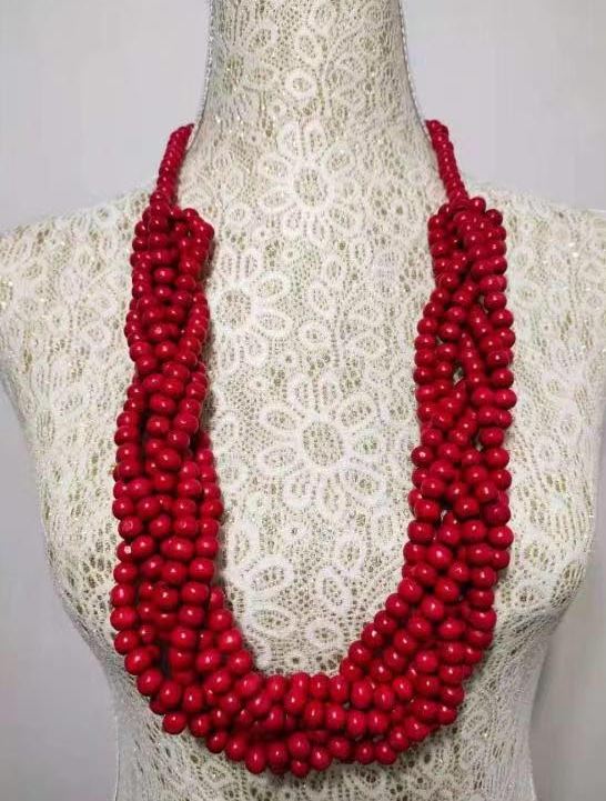 N1170 Red Multi Strand Bead Necklace with FREE Earrings - Iris Fashion Jewelry