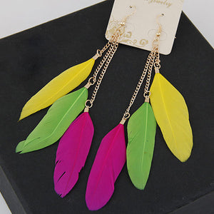 E1536 Gold Hot Pink Yellow Green Feather Earrings - Iris Fashion Jewelry