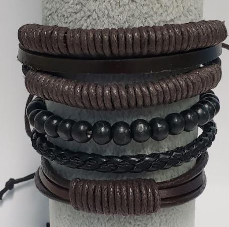 *B553 Brown Leather Wood Bead Bracelet Set - Iris Fashion Jewelry