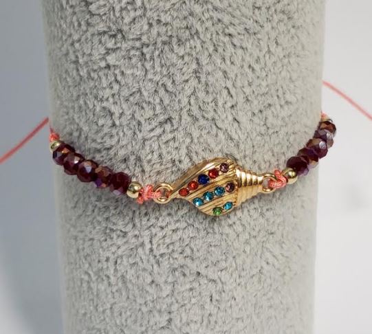 *B751 Peach Cord Burgundy Bead Multi Color Rhinestone Conch Shell Bracelet - Iris Fashion Jewelry