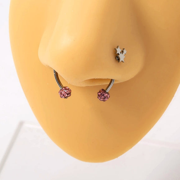 P02 Silver Pink Rhinestone MAGNETIC Nose Septum Ring Plus Star Nose Stud Piercing - Iris Fashion Jewelry