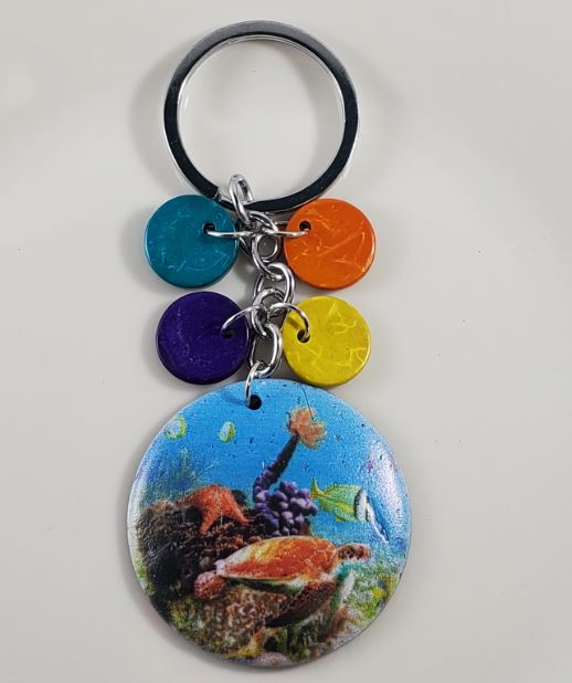 K96 Underwater Sea Life Round Coconut Shell Colorful Wooden Disk Keychain - Iris Fashion Jewelry