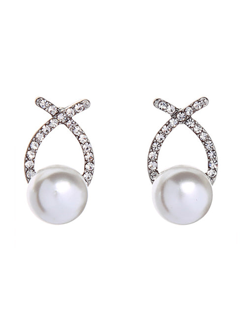 E1730 Silver Rhinestone Pearl Earrings - Iris Fashion Jewelry