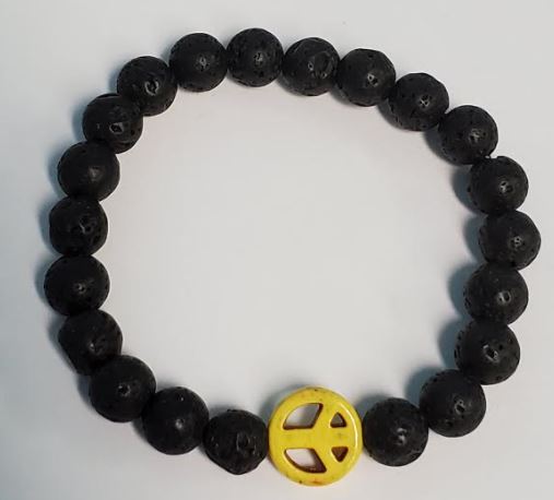 B910 Black Lava Stone Yellow Peace Sign Bead Bracelet - Iris Fashion Jewelry