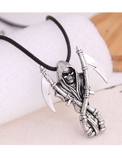 N1315 Silver Reaper Pendant on Leather Cord Necklace - Iris Fashion Jewelry