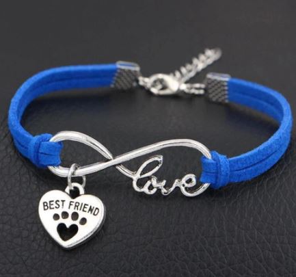 B1031 Blue Best Friend Paw Print Leather Cord Bracelet - Iris Fashion Jewelry