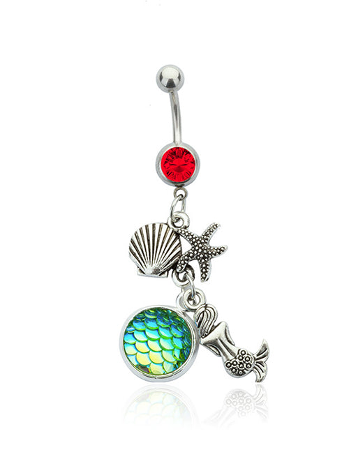 P30 Silver Red Gemstone Iridescent Green Fish Scale Mermaid Charm Belly Button Ring - Iris Fashion Jewelry