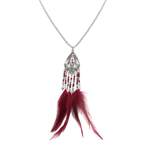 N1518 Silver Burgundy Feather Tassel Necklace with FREE Earrings - Iris Fashion Jewelry