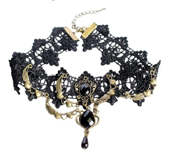 N621 Black Lace Choker Heart Wings Necklace With FREE Earrings - Iris Fashion Jewelry