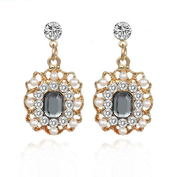 E1434 Gold Pearl & Rhinestones Gray Rectangle Gemstone Earrings - Iris Fashion Jewelry