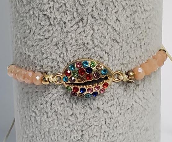 B939 Beige Cord Bead Multi Color Rhinestone Shell Bracelet - Iris Fashion Jewelry