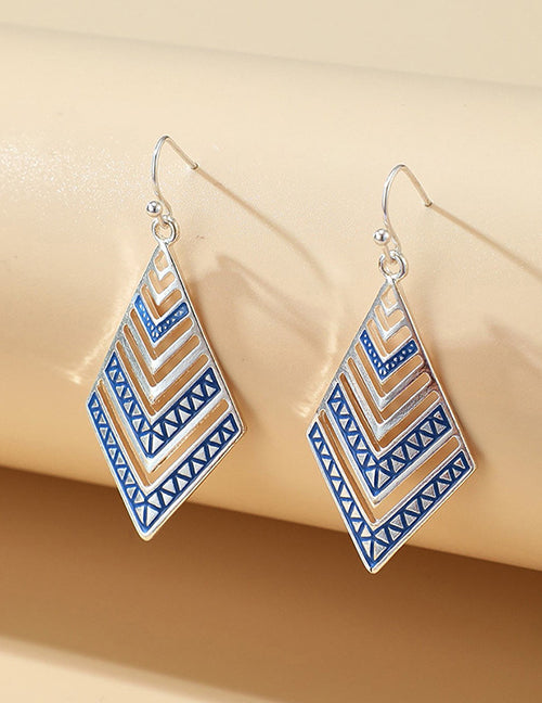 E615 Silver Blue Decorated Diamond Shape Earrings - Iris Fashion Jewelry