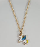 L54 Gold Baked Enamel White Blue Winged Unicorn Necklace FREE Earrings - Iris Fashion Jewelry