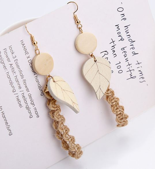 E1731 Gold Beige Wooden Leaf Fabric Accent Earrings - Iris Fashion Jewelry