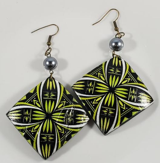 E1212 Diamond Shape Green Design Coconut Shell Wooden Earrings - Iris Fashion Jewelry