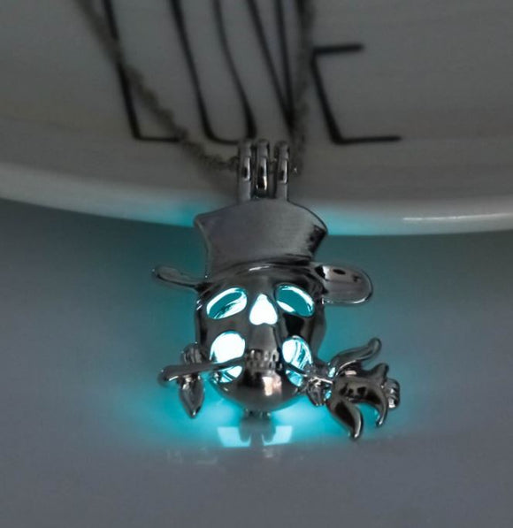N1307 Silver Glow in the Dark Skull with Rose Necklace with FREE EARRINGS - Iris Fashion Jewelry