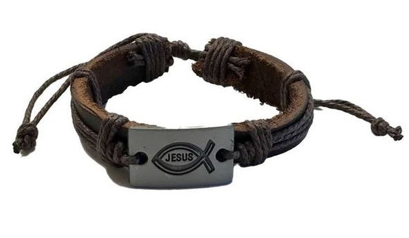 *B408 Brown Jesus Fish Leather Bracelet - Iris Fashion Jewelry