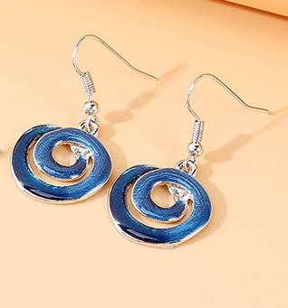E117 Silver Blue Swirl Baked Enamel Design Earrings - Iris Fashion Jewelry
