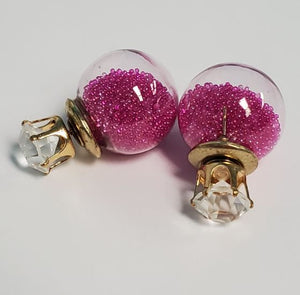 *E08 Gold Rhinestone & Hot Pink Bead Filled Ball Earrings - Iris Fashion Jewelry