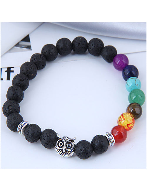 B1176 Black Lava Stone Multi Color Owl Bracelet - Iris Fashion Jewelry