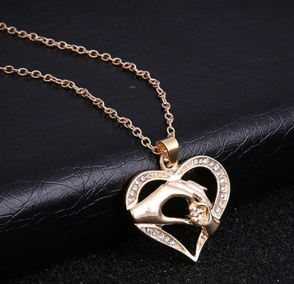 N712 Gold Mom & Baby Holding Hands Rhinestone Heart Necklace with FREE Earrings - Iris Fashion Jewelry