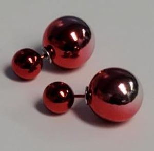 *E1048 Red & Silver Two Tone Double Ball Earrings - Iris Fashion Jewelry