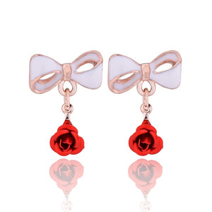 E463 Gold Bow Red Rose Dangle Earrings - Iris Fashion Jewelry