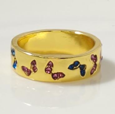 R161 Gold Band Blue & Pink Rhinestones Butterfly Ring - Iris Fashion Jewelry