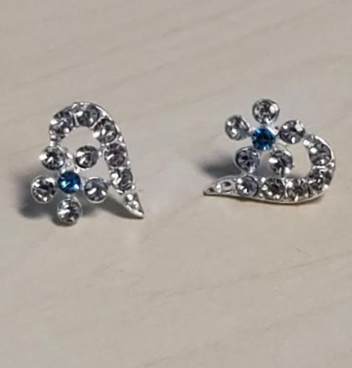 E859 Silver Rhinestone Half Heart Blue Flower Earrings - Iris Fashion Jewelry