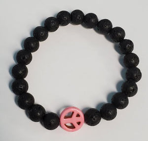B470 Black Lava Stone Pink Peace Sign Bead Bracelet - Iris Fashion Jewelry