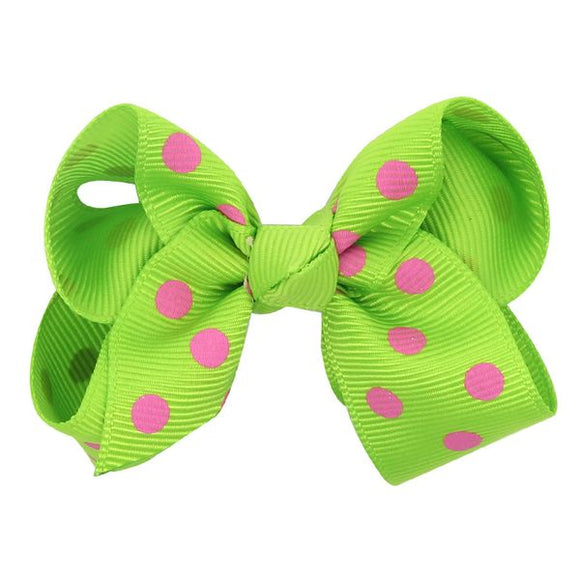 H785 Lime Green Pink Polka Dot Small Hair Bow Alligator Clip - Iris Fashion Jewelry