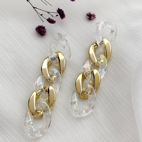 E800 Gold & Iridescent Clear Acrylic Chain Link Earrings - Iris Fashion Jewelry