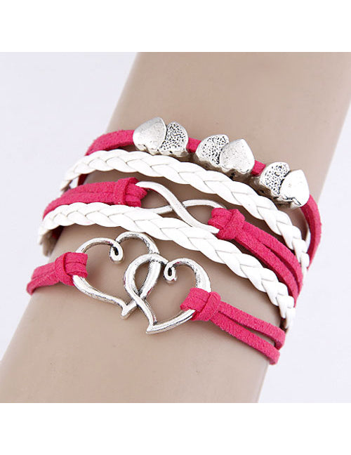 B51 Hot Pink & White Hearts Leather Layer Bracelet - Iris Fashion Jewelry