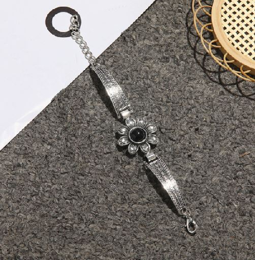 B1181 Silver Decorated Black Gem Flower Bracelet - Iris Fashion Jewelry