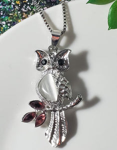 N387 Silver Moonstone Burgundy Rhinestone Owl Necklace with FREE Earrings - Iris Fashion Jewelry