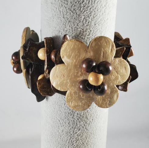 B648 Brown & Beige Flower Wooden Beads Bracelet - Iris Fashion Jewelry