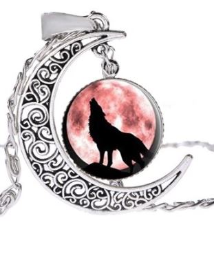 N1744 Silver Howling Wolf & Moon Necklace with FREE Earrings - Iris Fashion Jewelry