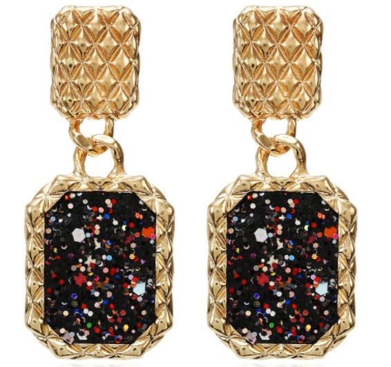 E1177 Gold Textured Rectangle Black Glitter Earrings - Iris Fashion Jewelry