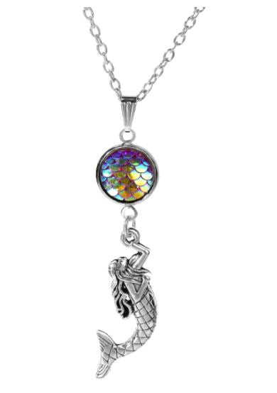 N1723 Silver Iridescent Rainbow Mermaid Fish Scale Necklace With FREE Earrings - Iris Fashion Jewelry