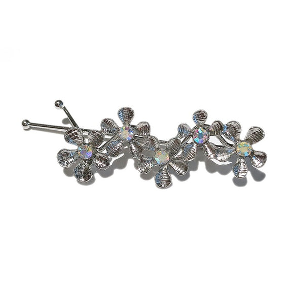 H626 Silver Flower Iridescent Rhinestones Hair Pin - Iris Fashion Jewelry