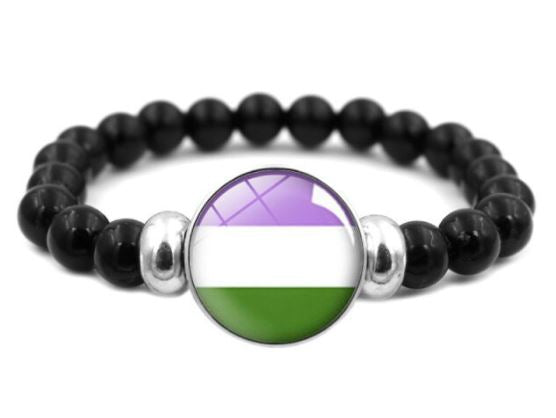 B1043 Lavender & Green Pride Black Bead Bracelet - Iris Fashion Jewelry
