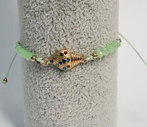 *B922 Mint Green Cord Bead Multi Color Rhinestone Conch Shell Bracelet - Iris Fashion Jewelry
