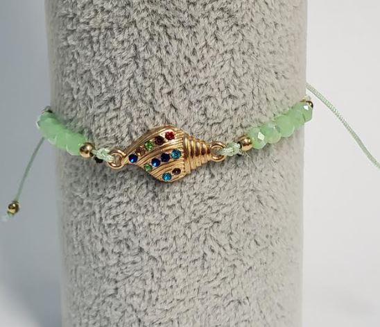*B922 Mint Green Cord Bead Multi Color Rhinestone Conch Shell Bracelet - Iris Fashion Jewelry