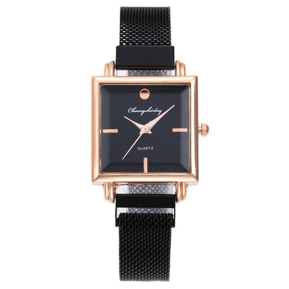 W62 Black Square Mesh Magnet Band Collection Quartz Watch - Iris Fashion Jewelry