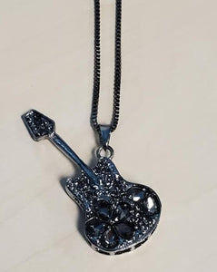 N518 Gun Metal Flower Gemstone Guitar Necklace with FREE Earrings - Iris Fashion Jewelry